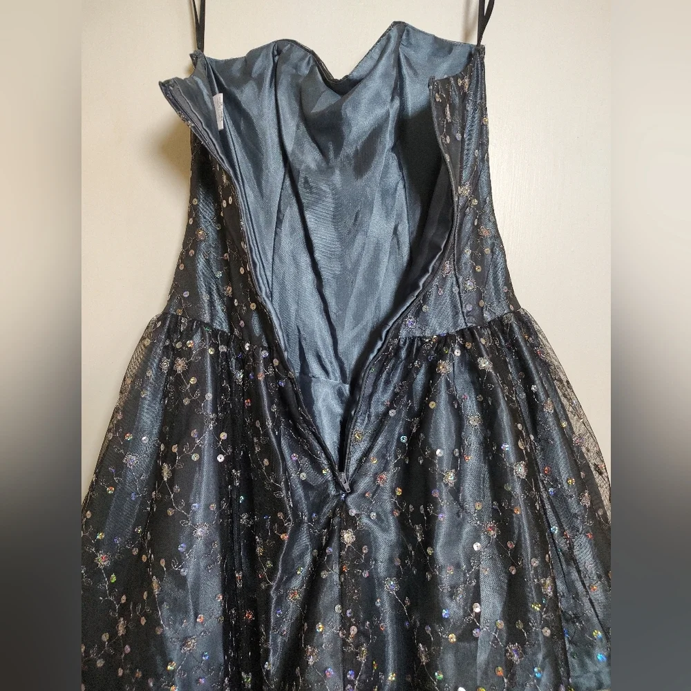 Jessica McClintock Midnight Blue Strapless Satin Sequin Dress - Picture 12 of 12